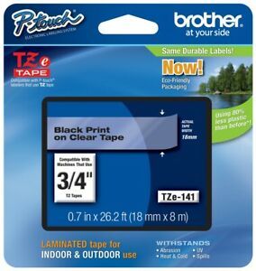 Brothers TZe tape 141 - Black print on CLEAR tape - new - 4 pack