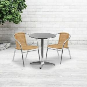 Durable 23.5&#039;&#039; Round Aluminum Indoor/Outdoor Table Set w/2 Beige Rattan Chairs
