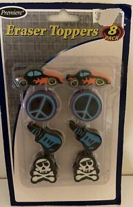 8 Eraser Toppers NIP Cars, Guitars, Peace, Skull