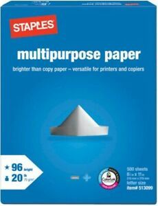 STAPLES Multipurpose Copy Paper 1-Ream of 500 8.5&#034;x11&#034; Sheets Printer/Copier/Fax