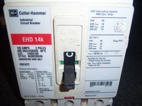 Cutler-hammer industrial circuit breaker ehd3100 100 amp 480 vac 3 pole for sale