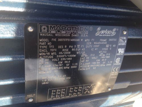 Marathon motor m/n: fve 365tstfs14002an w  75/150hp  230/460 volt rpm:3555 for sale
