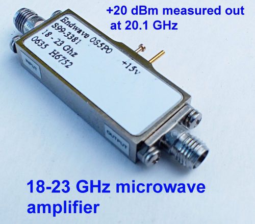 16.5 to 23 GHz medium power microwave amplifier 34 dB gain, +20 dBm out- Tested.