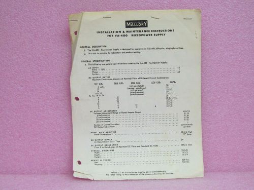 Mallory manual va-400 power supply instruction manual w/schematic for sale