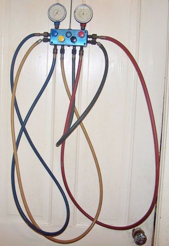 R12/22/502 vintage manifold gauge set hvac ac refrig test w charging hoses works for sale