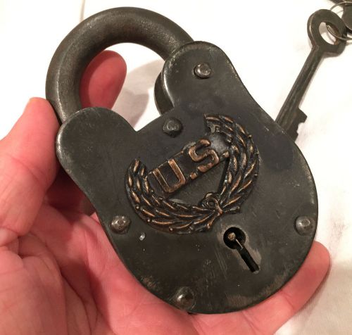 lock TREASURE CHEST VINTAGE IRON CAST key cowboy antique US civil war trunk