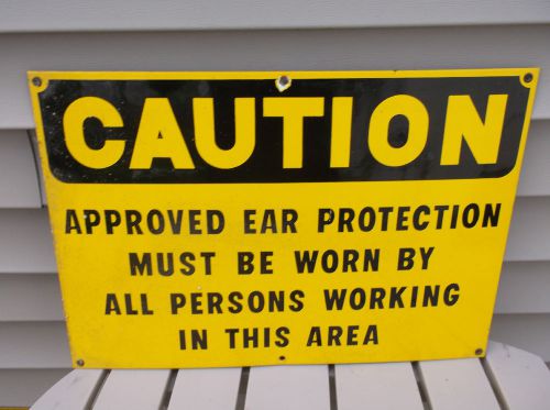 Vtg. industrial factory caution ear protection porcelain enamel 20x14 sign #5 for sale