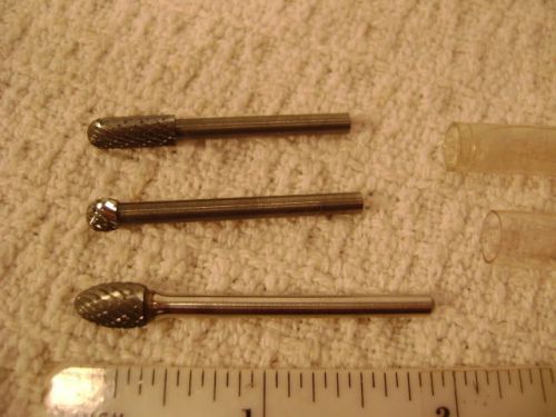 (3) Carbide Head Burr s,  NEW Old Stock, 1/8&#034; Shank, Round,Tear, &amp; Recta. Heads