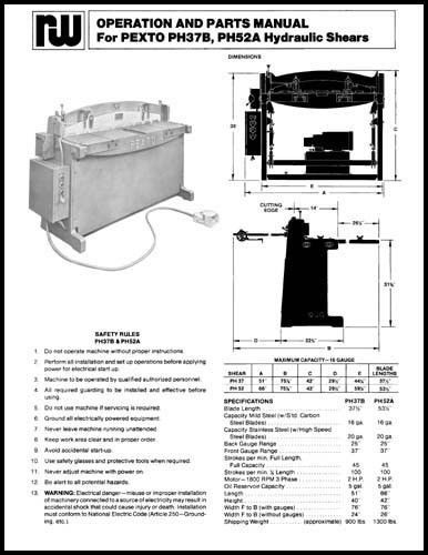 Pexto PH37B &amp; PH52A Hydraulic Shears Manual Parts &amp; Ops