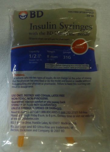 Bd insulin syringes 1/2ml  8mm (5/16&#034;) 31g 10 ultra-fine needles short needle for sale