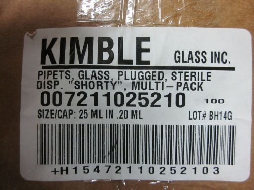 KIMBLE 25mL 2/10 STERILE PLUGGED BOROSILICATE GLASS  DISPOS. PIPETS