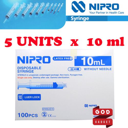 5 x 10ml cc nipro syringe luer lock tip hypodermic sterile latex free no needle for sale