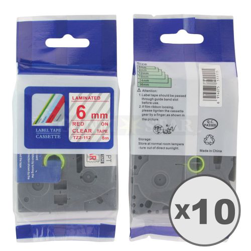 10pk Red on Transparent Tape Label Compatible for Brother P-Touch TZ TZe112 6mm