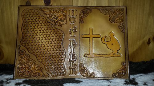 Western bible cover handmade tooled cowboy at cross leather brown natural for sale