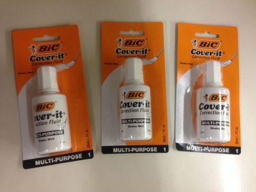 3X BIC COVER-IT CORRECTION FLUID *WHITE OUT* 3 BOTTLES/ MULTI PURPOSE