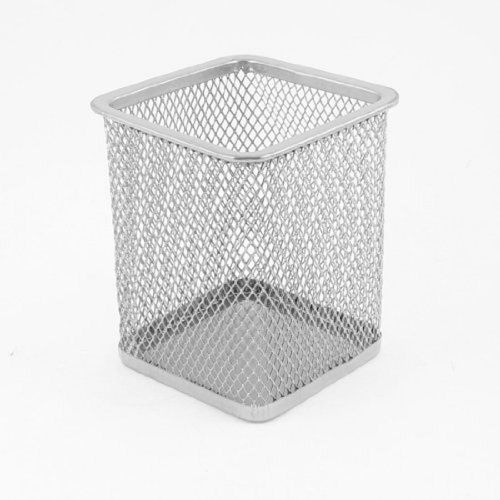 Silver Gray Metal Mesh Rectangle Shaped Pen Pencil Holder ContaIner