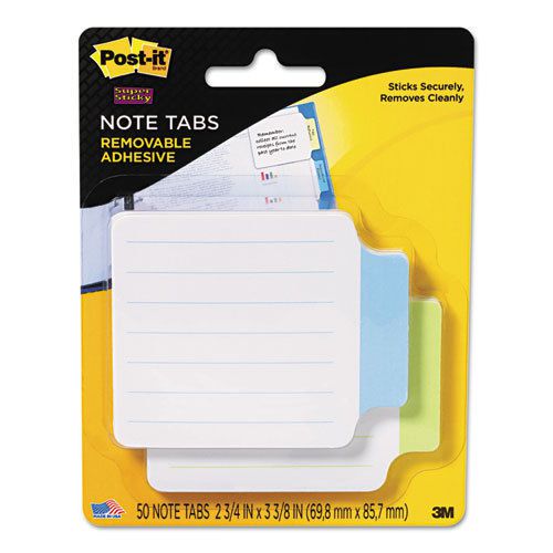 Super Sticky Removable Note Tabs, 3 3/8 x 2 3/4, 25/pad, 2 pads/PK, Green, Blue