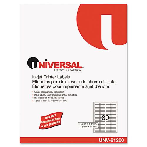 Universal Inkjet Printer Labels, 1/2 x 1-3/4, Clear, 80 Labels per Sheet, 2,000