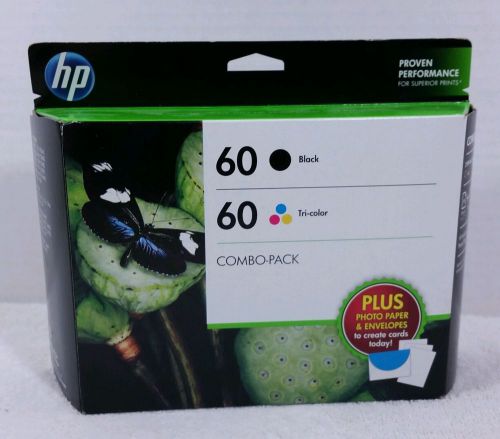 NEW HP 60 COMBO Pack 1 BLACK &amp; 1 TRI-COLOR &amp; 10 PHOTO Paper &amp; 5 Envelope