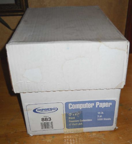 Impreso 12&#034; x 8 1/2&#034; blank computer paper,3 part, carbonless, 15lb, 1000 sheets for sale