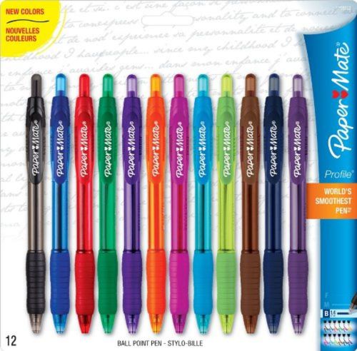 Paper Mate Profile Retractable 1.4mm Point Ballpoint Pens, 12 Colored Ink Pen...