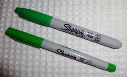 2 SHARPIE Permanent Markers -GREEN- 1 Ultra Fine Point &amp; 1 Fine Point-New