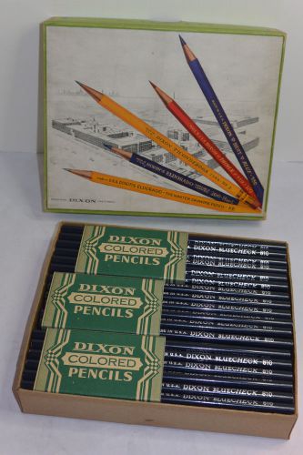 VINTAGE 1930s BOX OF DIXON 810 BLUECHECK BLUE PENCILS! UNUSED! 6 DOZ! GRAPHICS!