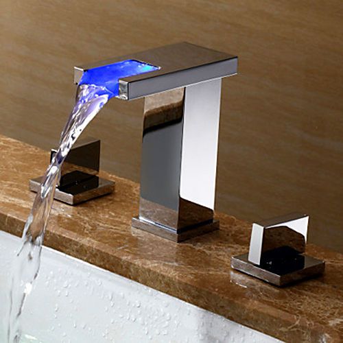 Modern 3 Hole LED Waterfall Widespread Sink Faucet Tap in Chrome Free Shipping