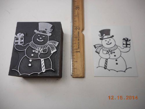 Letterpress Printing Printers Block, Christmas, Snowman w Candy Cane &amp; Gift