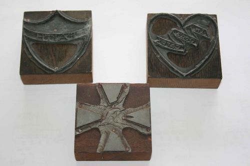 Vintage Printers Blocks Lot of Three Shield, Heart, Iron Cross 2.5&#034; Square