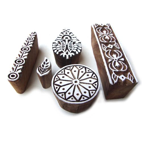 Hand Carved Multi Floral Designs Wooden Block Printng Tags (Set of 5)