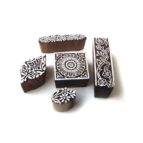 Hand Crafted Floral Designs Wooden Printing Blocks (Set of 5)