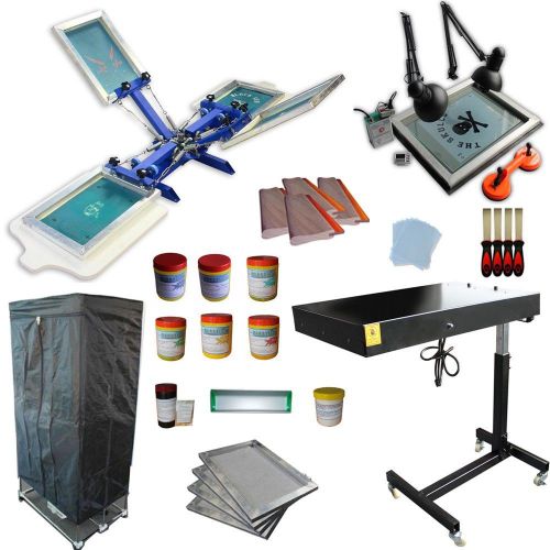 New 4 color 2 station screen printing kit w flash dryer&amp;screen drying cabinet943 for sale