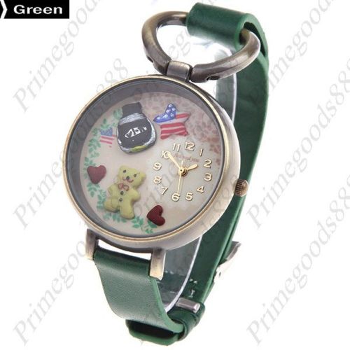 Teddy Bear Star PU Leather Lady Ladies Wrist Quartz Wristwatch Women&#039;s Green