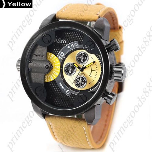 2 Time Zone Big Dial Quartz Analog Leather Men&#039;s Wristwatch Free Shipping Yellow