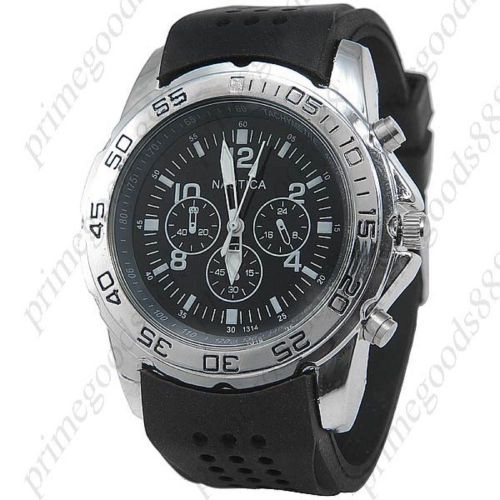 Rubber round quartz analog 3 false sub dials wrist men&#039;s wristwatch black for sale