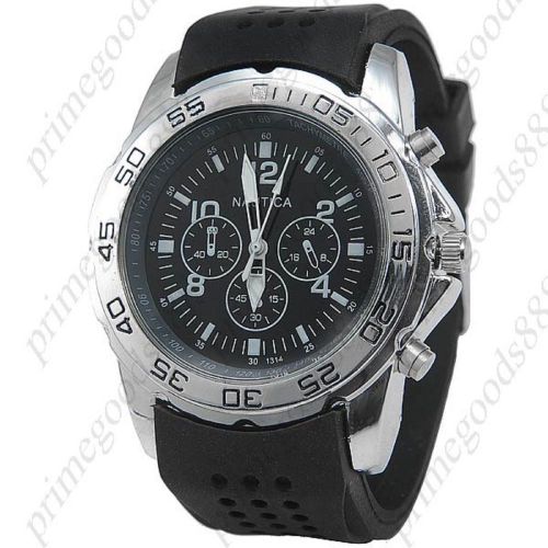 Rubber Round Quartz Analog 3 False Sub Dials Wrist Men&#039;s Wristwatch Black