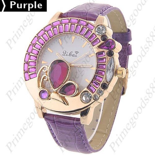 Butterfly Faux Leather Strap Rhinestones Quartz Wrist Wristwatch Women&#039;s Purple