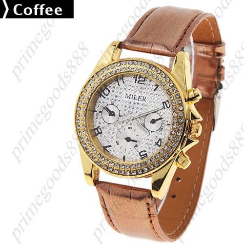 Gold Case Rhinestone Synthetic Leather Quartz Wristwatch Women&#039;s Light Coffee