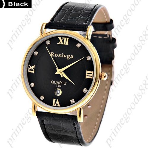 PU Leather Band Quartz Date Wrist Men&#039;s Free Shipping Wristwatch Black