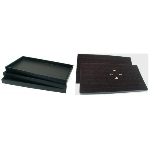 Black faux leather jewelry display tray w/ black ring foam insert pad kit 6 pcs for sale