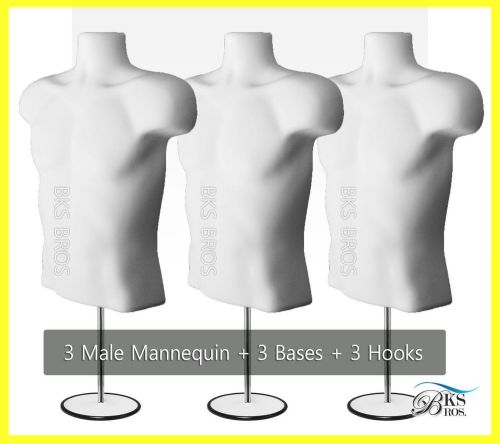 3 male mannenquin mannkin torso white with metal stand &amp; hook for hanging man for sale