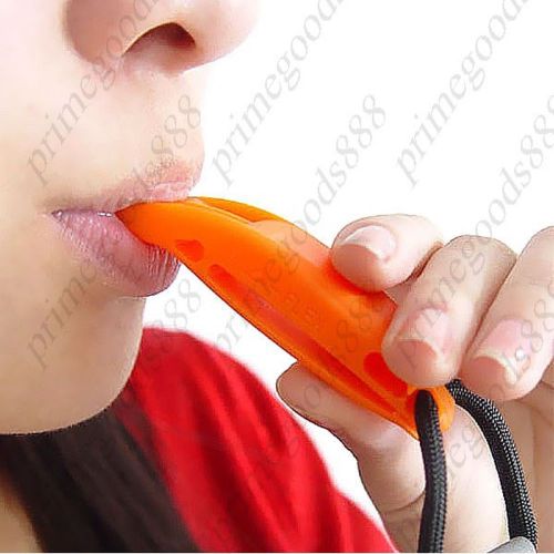 New style plastic outdoor safety whistle with clip &amp; neck strap hole orange for sale