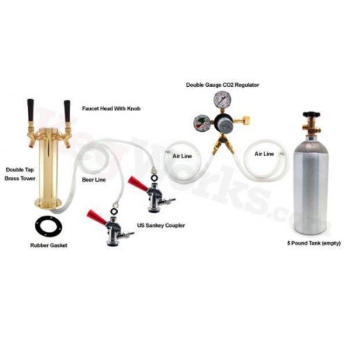 Double tap brass tower kegerator conversion kit - us sankey w/ co2 - draft beer for sale