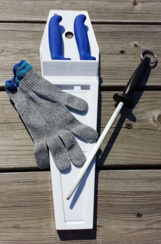 Meat cutter&#039;s combo pack - knife, scabbard, cut glove and sharpening steel for sale