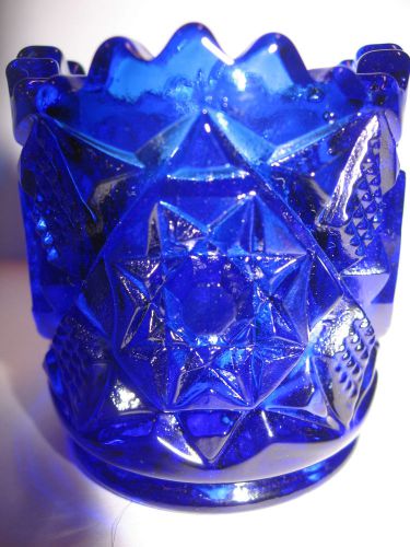 Dark Cobalt Blue glass tabletop toothpick match holder diamond star pattern art