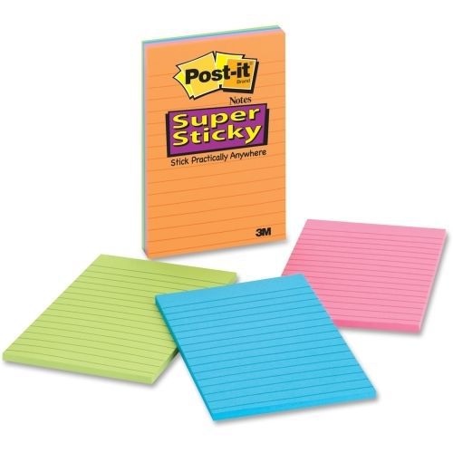 MMM4621SSAN Super Sticky Notes, Lined, 4&#034;x6&#034;, 4 Pads/PK, Assorted