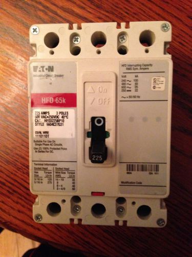 Hfd 3225 eaton hfd 65k 3 pole 225 amp 600 volt rated circuit breaker hfd3225bp10 for sale