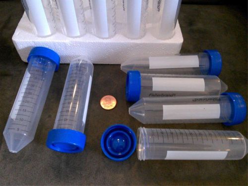 6 new 50 ml plastic centrifuge tubes, conical, test, no leak plug seal for sale