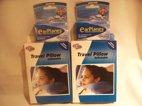 2 EarPlanes Adult For Flight Ear Discomfort &amp; 2 Inflatable Travel Pillows Free S